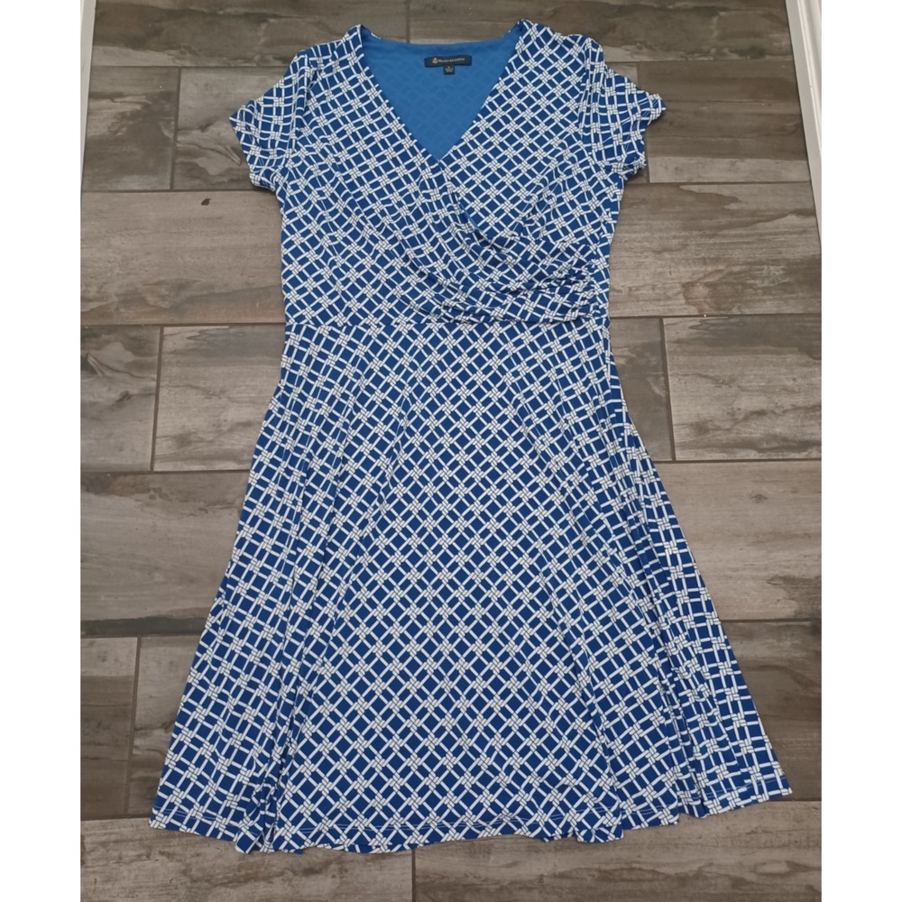 Brooks Brothers Womens White Blue Geometric L Maxi Dress Fauxwrap Bodice Sz L